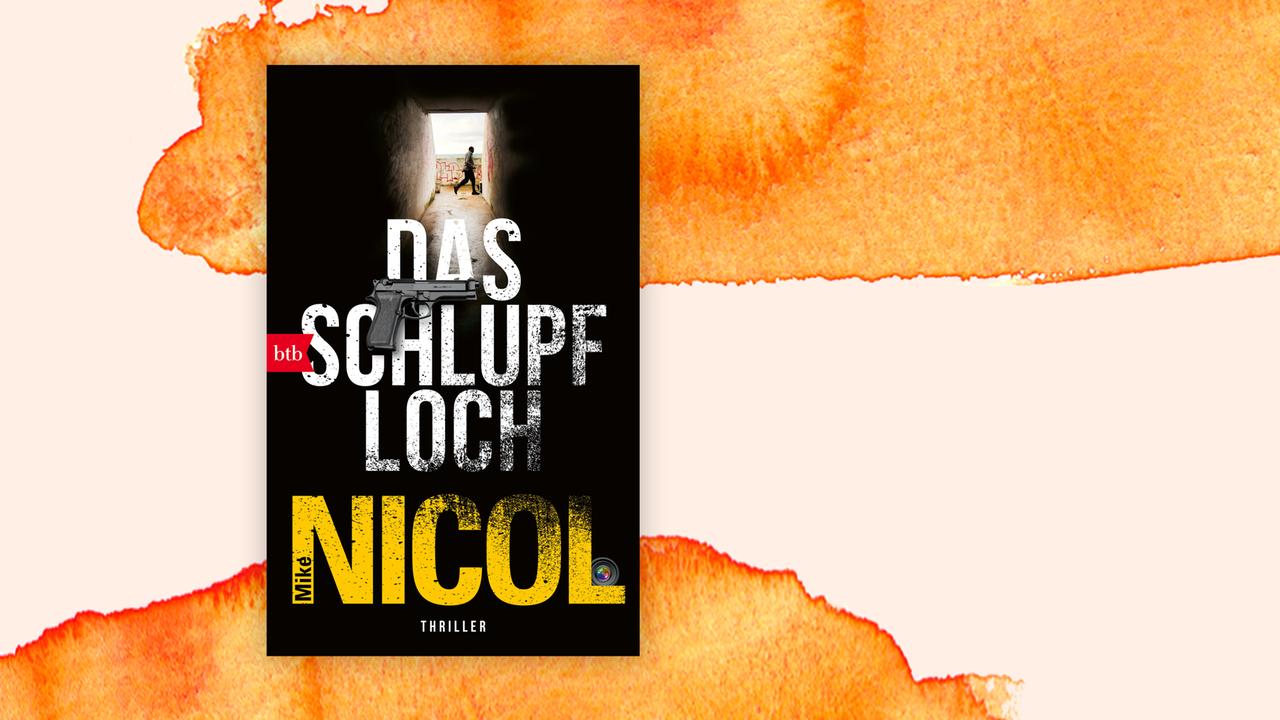 Das Cover des Krimis von Mike Nicol, "Das Schlupfloch", auf orange-weißem Hintergrund. Auf dem dunklen Cover ist eine helle Stelle, ein Fotograf hat durch einen langen Gang nach draußen fotografiert, wo ein gehender Mann in Umrissen zu erkennen ist. Das Buch ist auf der Krimibestenliste von Deutschlandfunk Kultur.