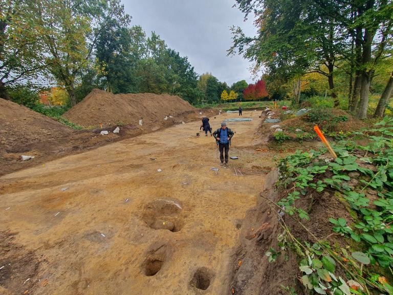 Die aktuelle Grabungsfläche in Bielefeld-Sieker. Im Vordergrund einige der tiefen Löcher, die ein Raubgräber hinterlassen hat.