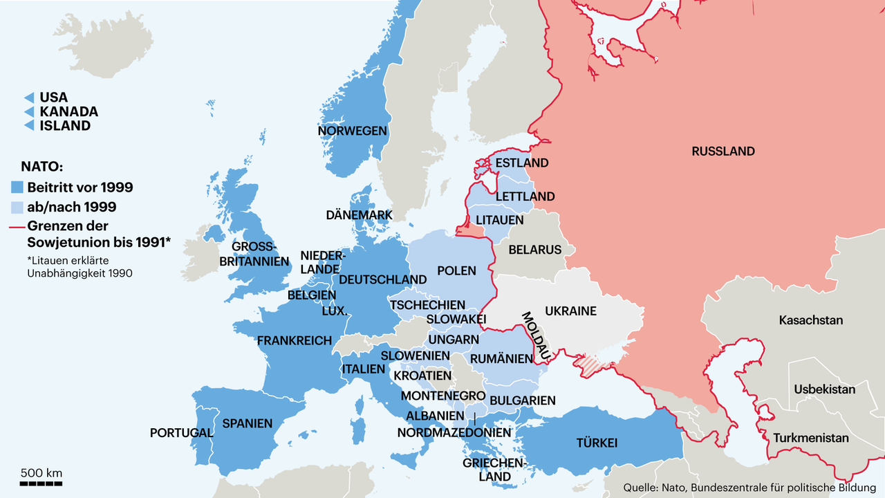 Karte zeigt Nato-Mitglieder und Grenzen der Sowjetunion bis 1991