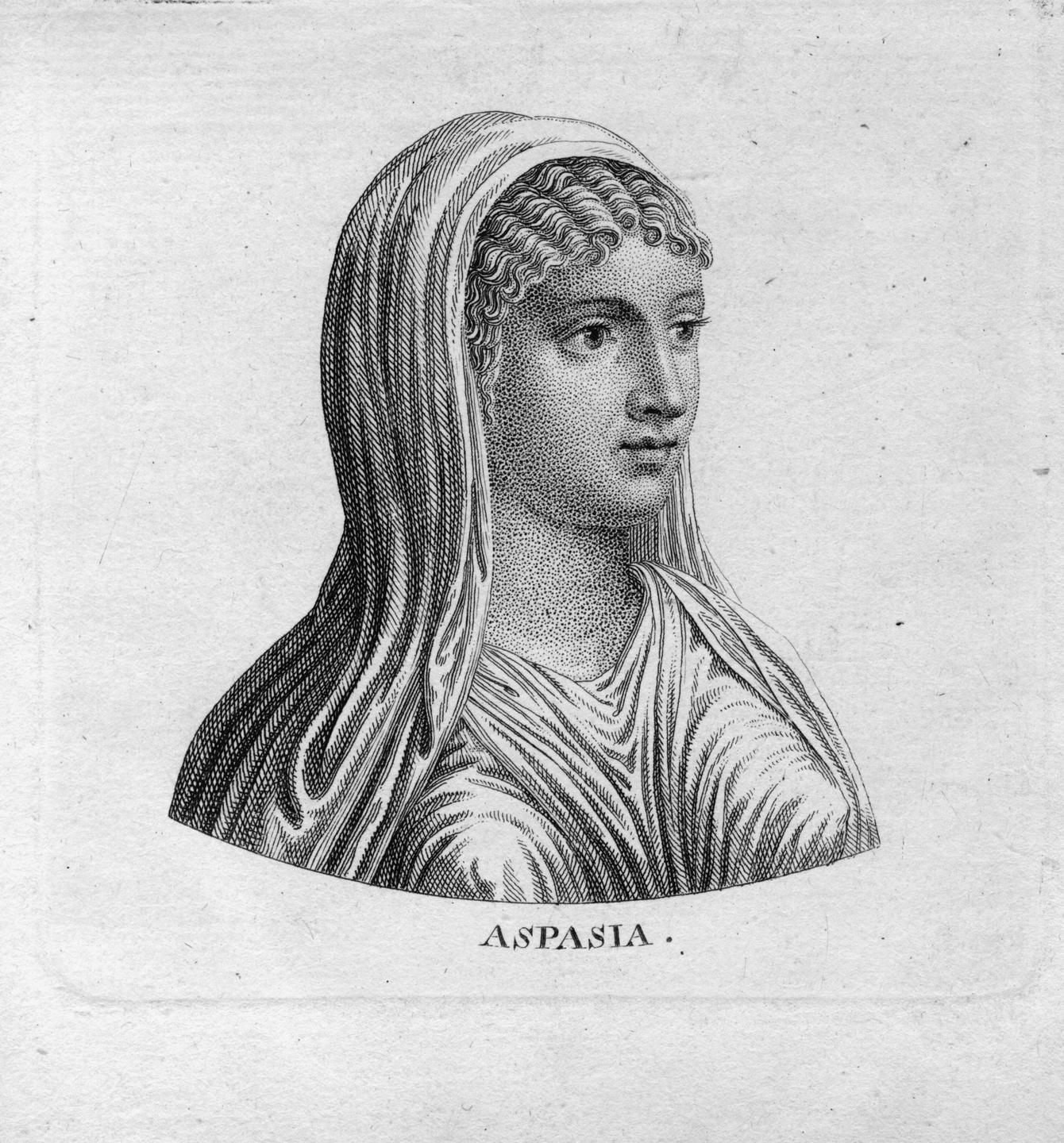 Ein Kupferstich nach der Büste Aspasia. Eine junge Frau trägt ein Tuch über dem Kopf.