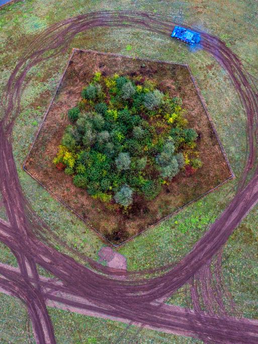 Mit einem Bergepanzer T55 aus russischer Produktion wird am Stadtrand durch ein Privatunternehmen für Waldbrand- und Katastropheneinsätze eine Natur-Ausgleichsflächen für die Ansiedlung von Reptilien vorbereitet (Luftaufnahme mit einer Drohne)