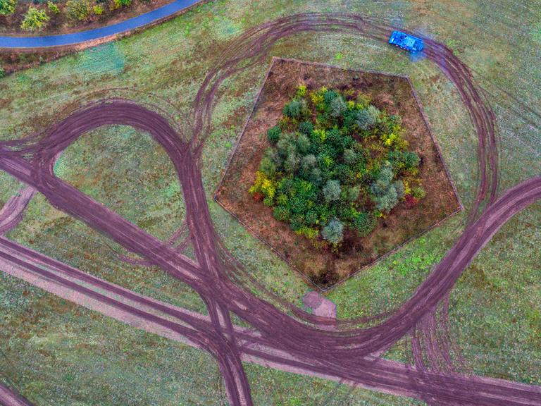 Mit einem Bergepanzer T55 aus russischer Produktion wird am Stadtrand durch ein Privatunternehmen für Waldbrand- und Katastropheneinsätze eine Natur-Ausgleichsflächen für die Ansiedlung von Reptilien vorbereitet (Luftaufnahme mit einer Drohne)