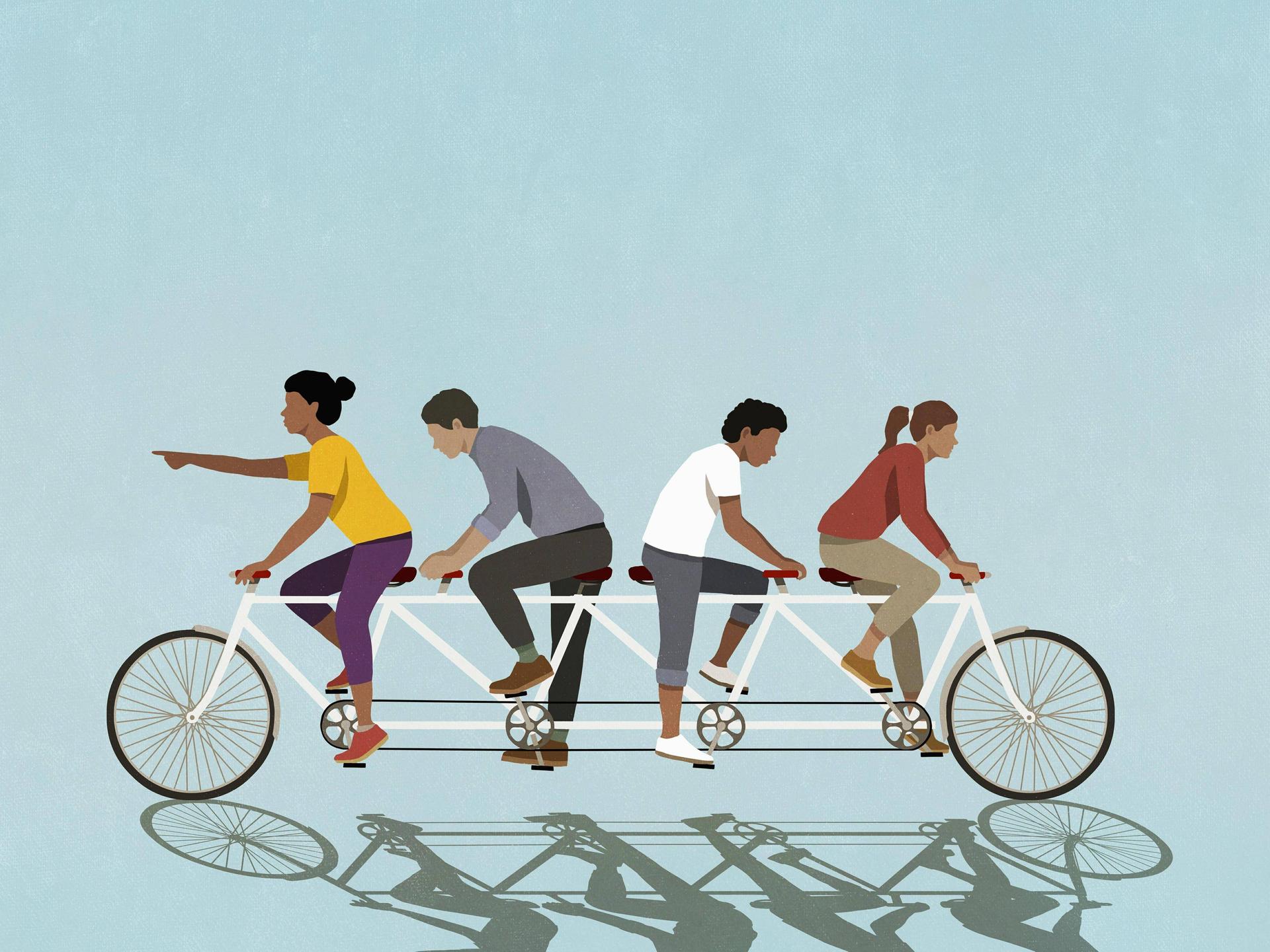 Illustration von vier Menschen auf einem viersitzigen Fahrrad, wobei zwei nach rechts und zwei nach links treten (Symbolbild)