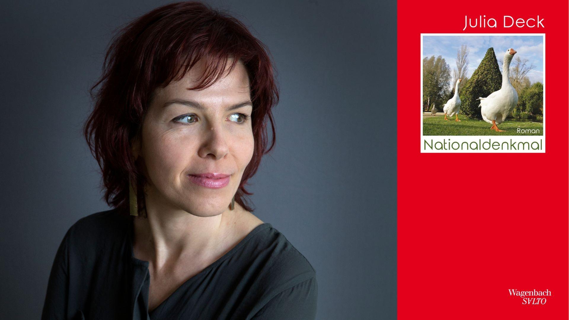 Julia Deck: "Nationaldenkmal"
Zu sehen sind die Autorin und das Buchcover