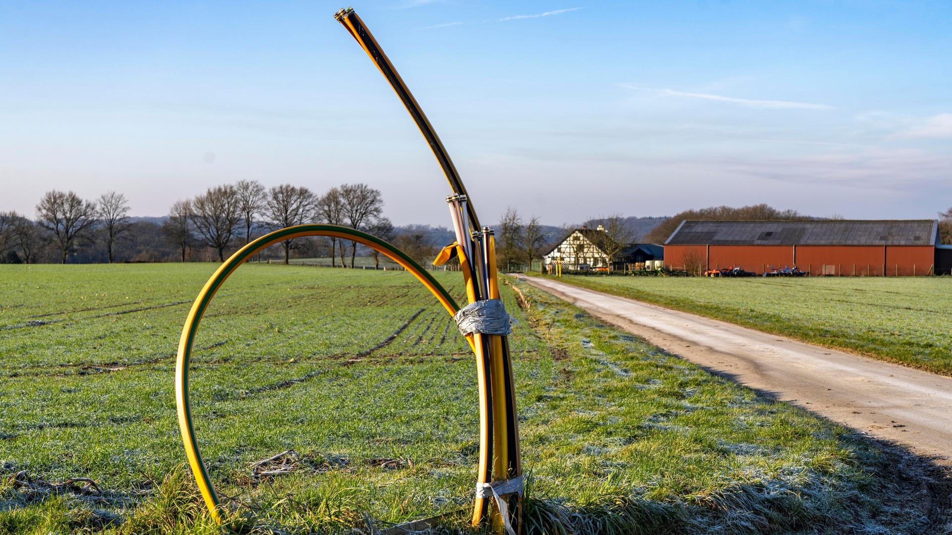 Leerrohre für Glasfaserkabel schauen an einem Feldweg aus dem Boden heraus. Leerrohre für Glasfaserkabel schauen an einem Feldweg aus dem Boden heraus.