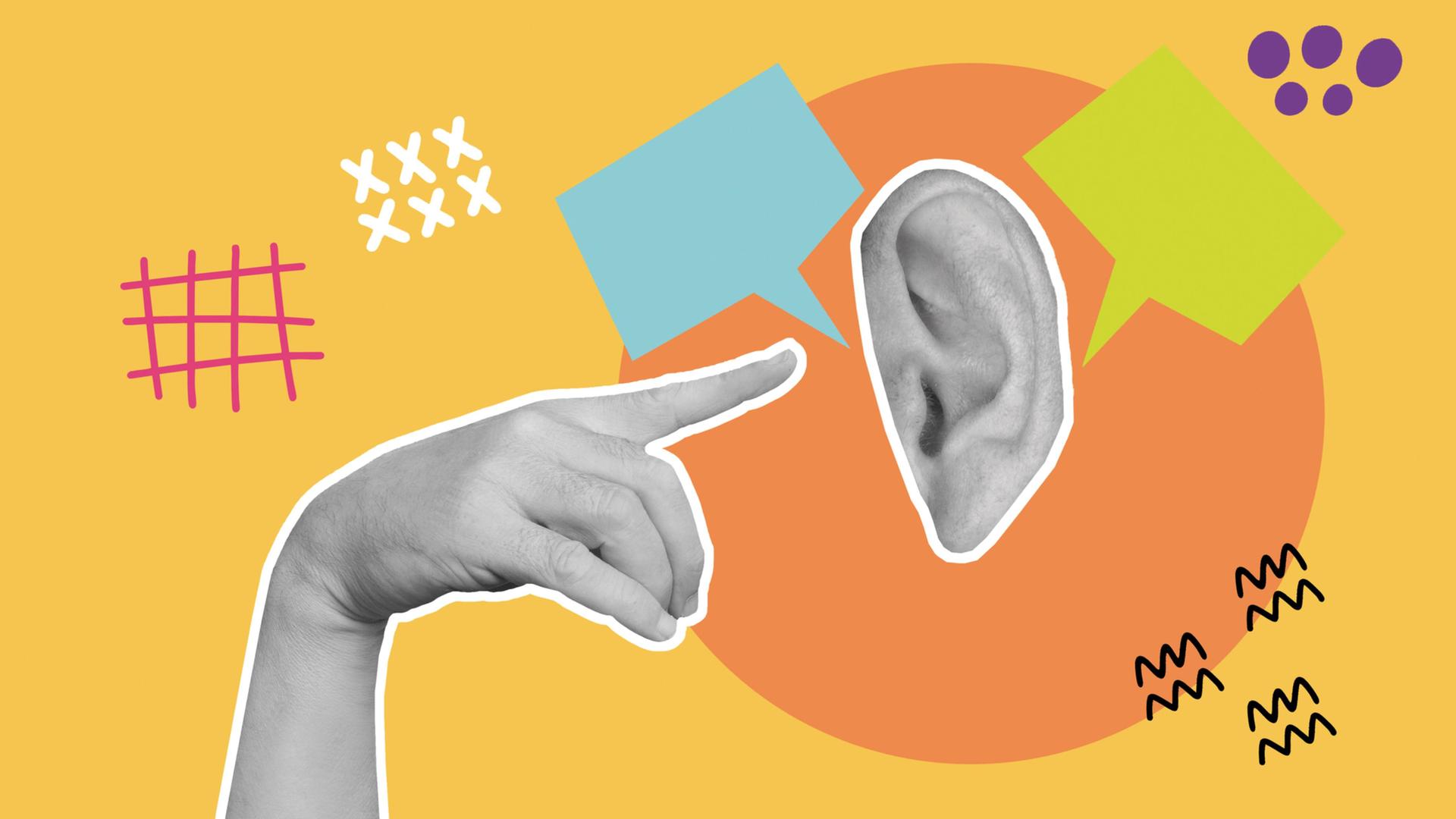 Collage mit einem Ohr, einem Finger, der auf das Ohr zeigt, und um das Ohr Sprechblasen und Muster