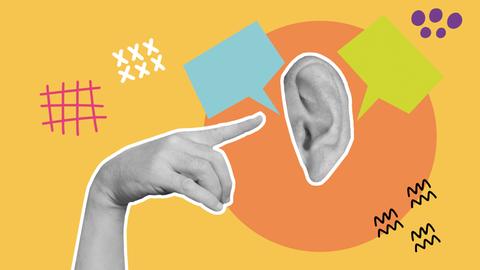 Collage mit einem Ohr, einem Finger, der auf das Ohr zeigt, und um das Ohr Sprechblasen und Muster