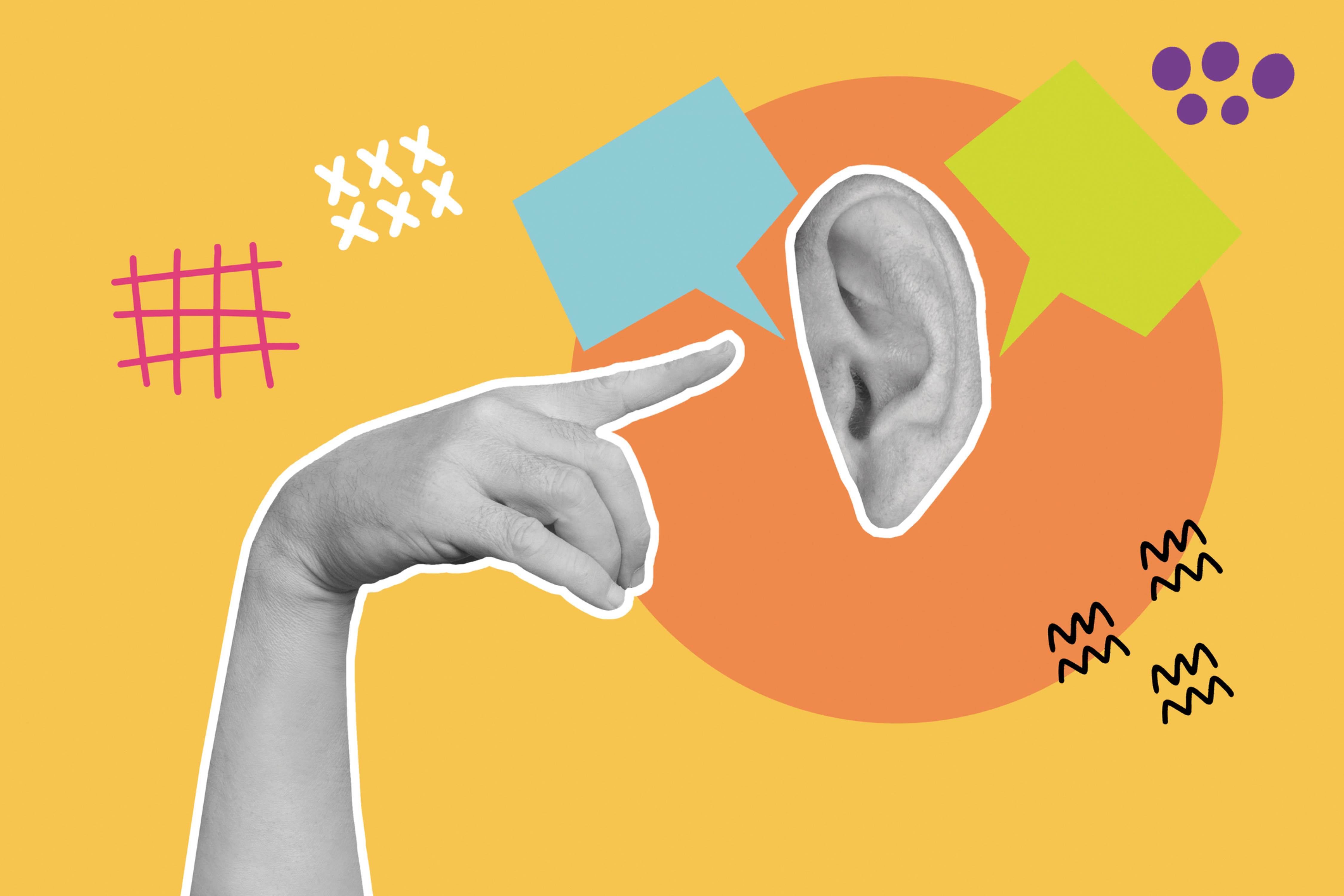 Collage mit einem Ohr, einem Finger, der auf das Ohr zeigt, und um das Ohr Sprechblasen und Muster