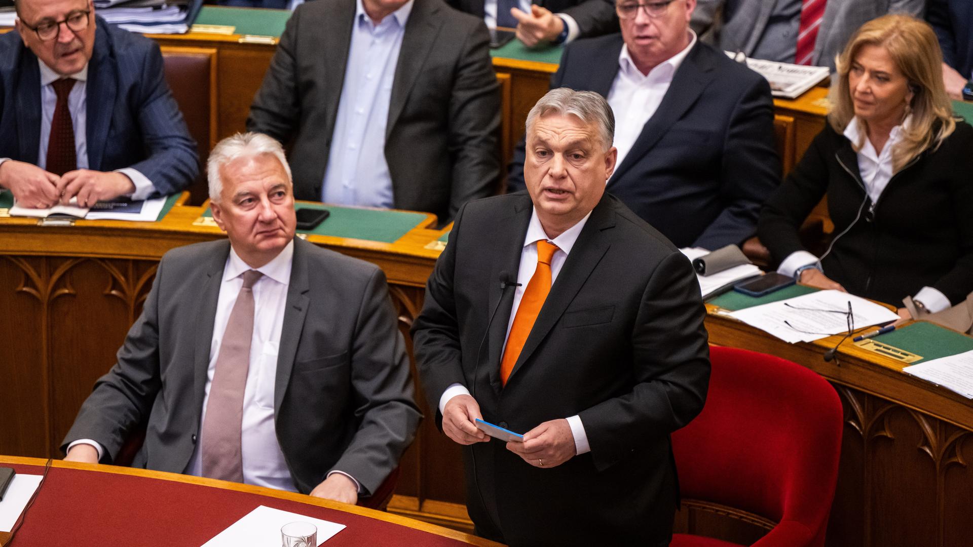 Der ungarische Premierminister Viktor Orban spricht während der Parlamentssitzung vor der Abstimmung über die Ratifizierung der schwedischen NATO-Mitgliedschaft.