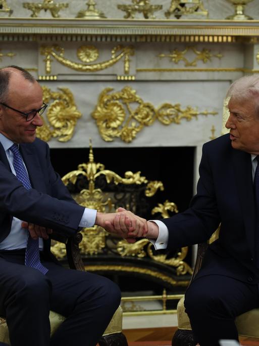 US-Präsident Donald Trump und Bundeskanzler Friedrich Merz sitzen nebeneinander und reichen sich die Hand US-Präsident Donald Trump und Bundeskanzler Friedrich Merz sitzen nebeneinander und reichen sich die Hand