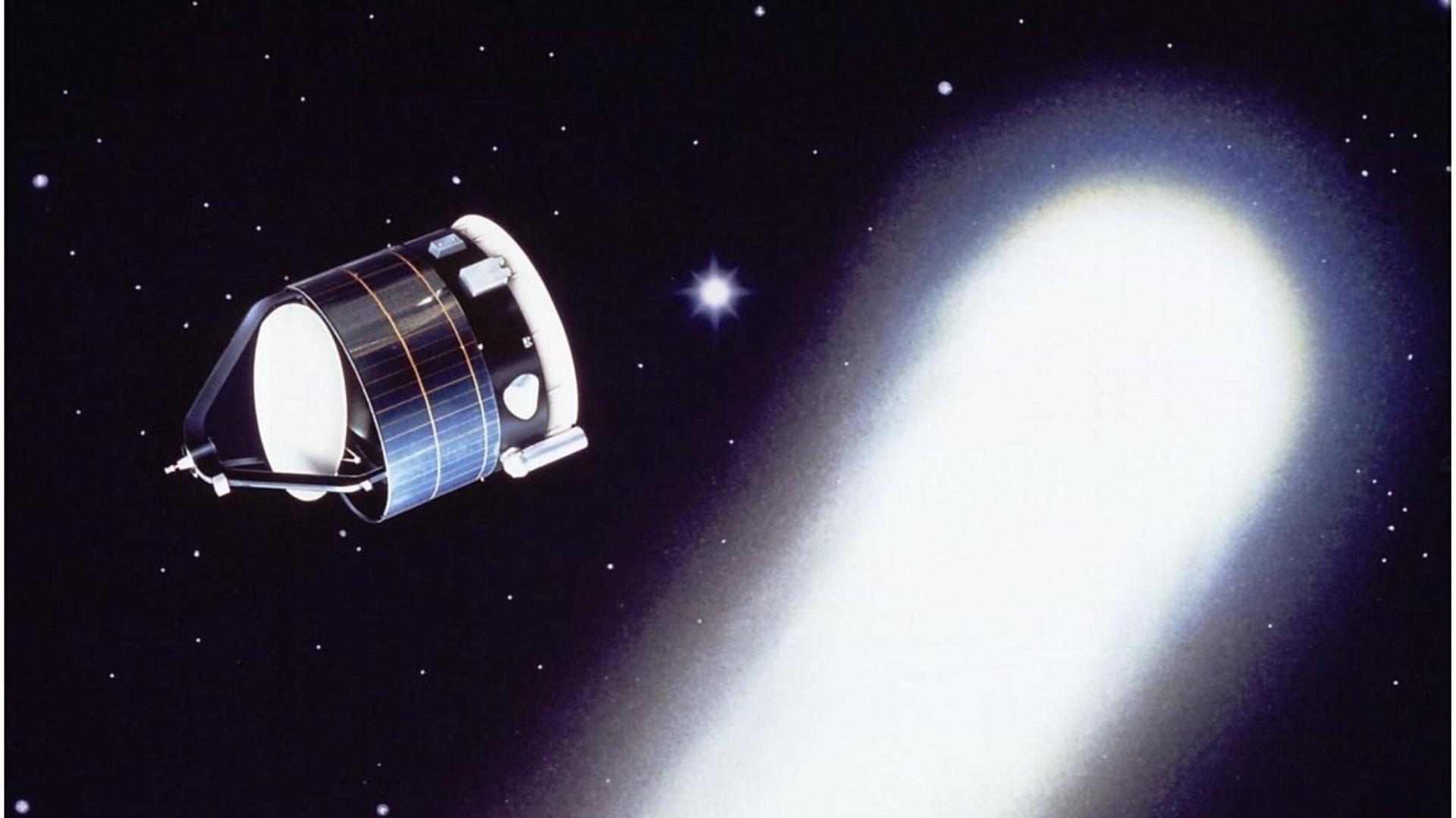 Illustration der Raumsonde Giotto (links) und de Kometen Halley (r.)