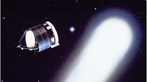 Illustration der Raumsonde Giotto (links) und de Kometen Halley (r.)