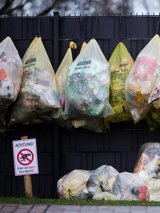 Gelbe Säcke mit Plastikmüll und Verpackungsmüll hängen an einem Zaun vor einem Mehrfamilienhaus.