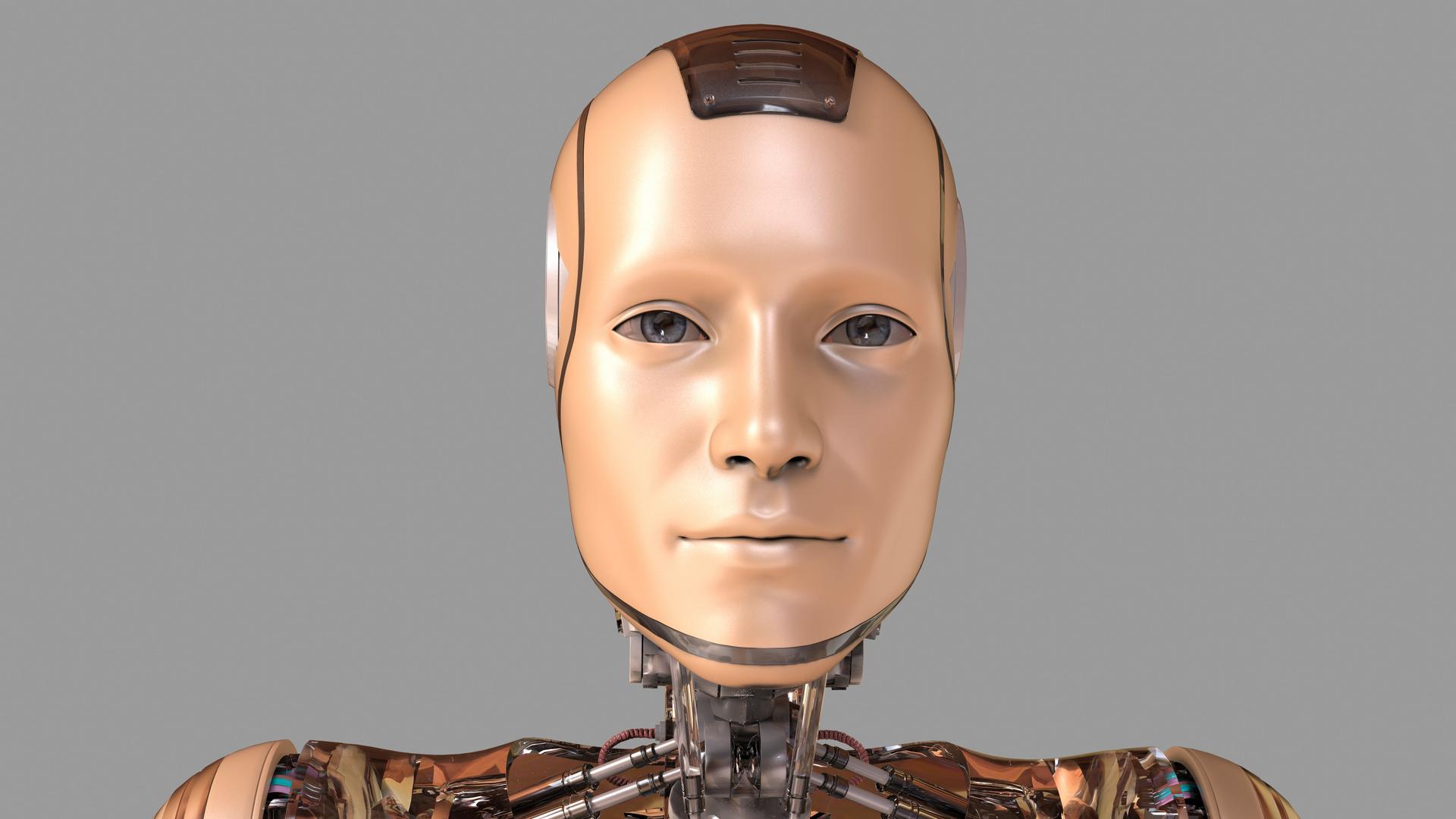 Ein menschenähnlich aussehender Roboter im Porträt, vor grauem Hintergrund. Ein menschenähnlich aussehender Roboter im Porträt, vor grauem Hintergrund.