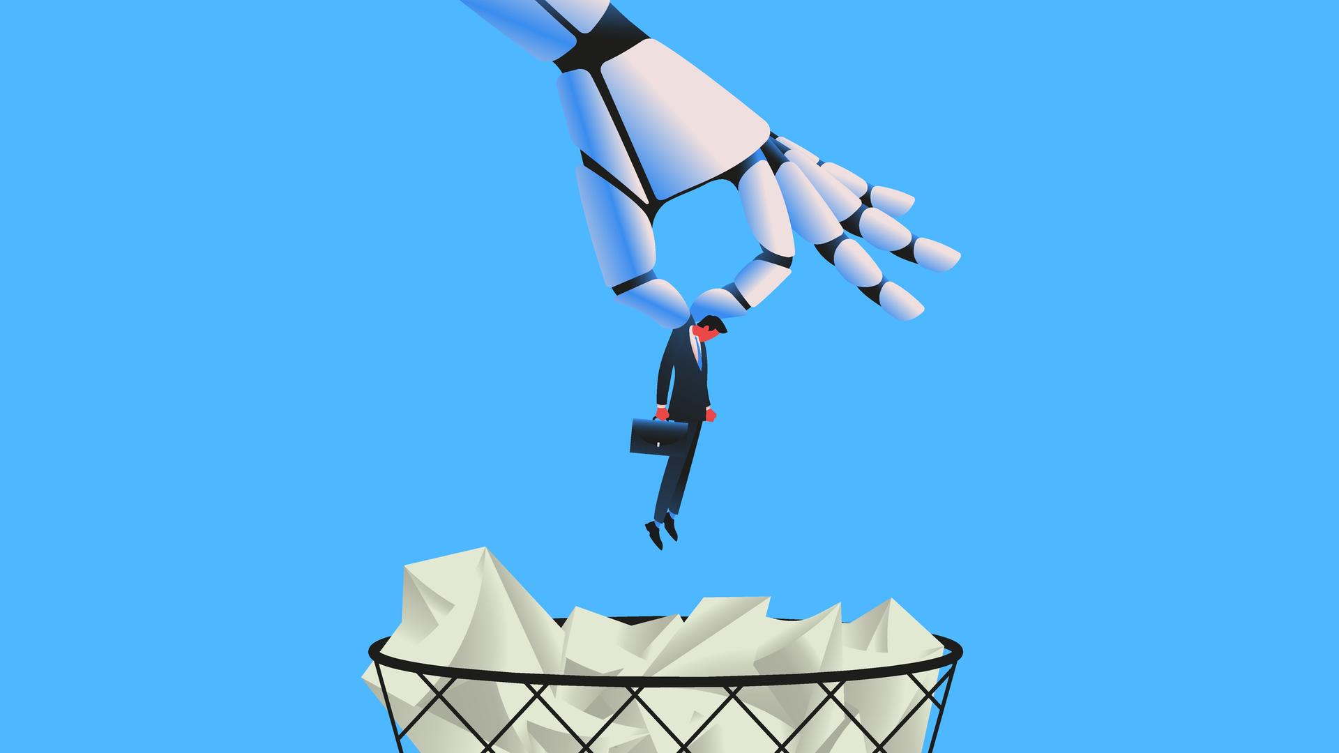 Illustration eines großen Roboterarms, der eine Person im Anzug in einen Papierkorb wirft. Der Hintergrund ist blau.