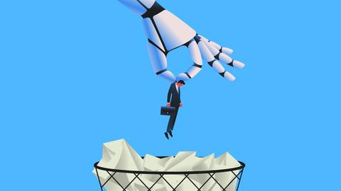 Illustration eines großen Roboterarms, der eine Person im Anzug in einen Papierkorb wirft. Der Hintergrund ist blau.