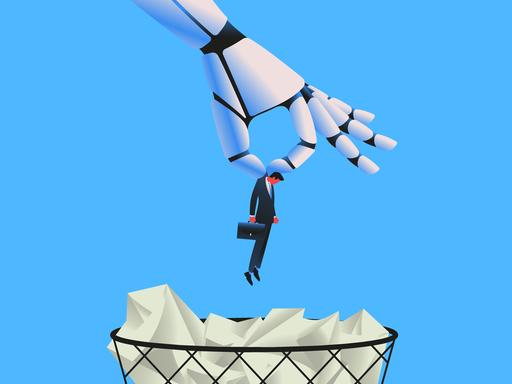 Illustration eines großen Roboterarms, der eine Person im Anzug in einen Papierkorb wirft. Der Hintergrund ist blau.