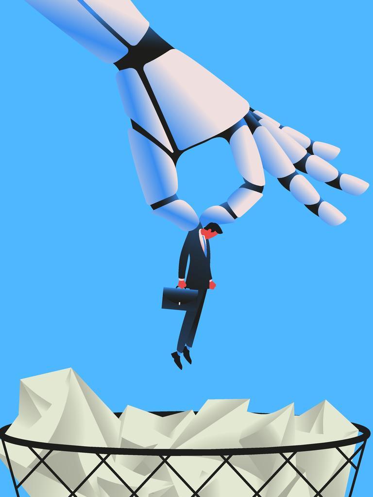 Illustration eines großen Roboterarms, der eine Person im Anzug in einen Papierkorb wirft. Der Hintergrund ist blau.