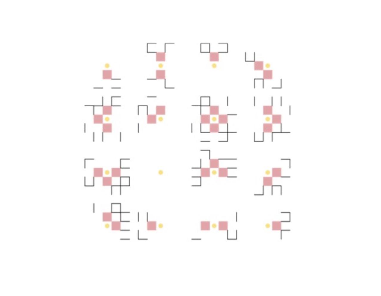 Eine geometrisch abstrakte Anordnung von 16 grafischen Feldern (mit systematischen Auslassungen), die Blütenblätter andeuten Eine geometrisch abstrakte Anordnung von 16 grafischen Feldern (mit systematischen Auslassungen), die Blütenblätter andeuten