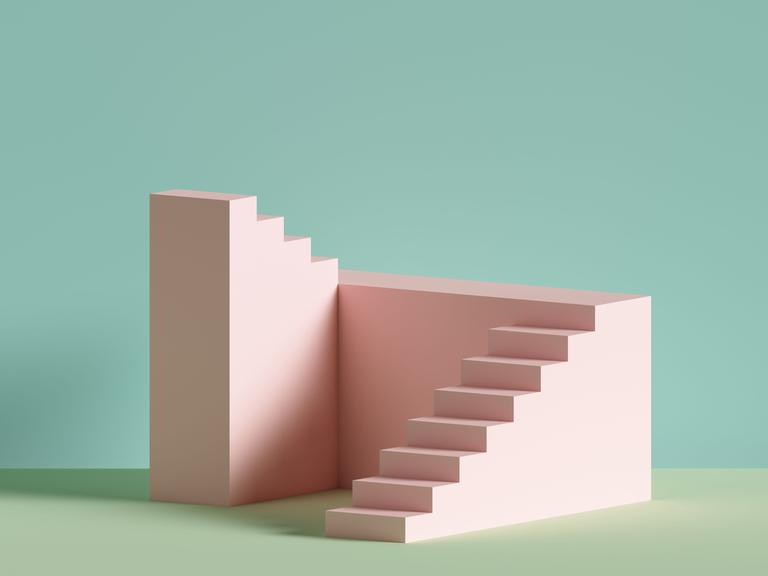 3D-Rendering einer rosafarbenen Treppe, die ins Nichts führt.