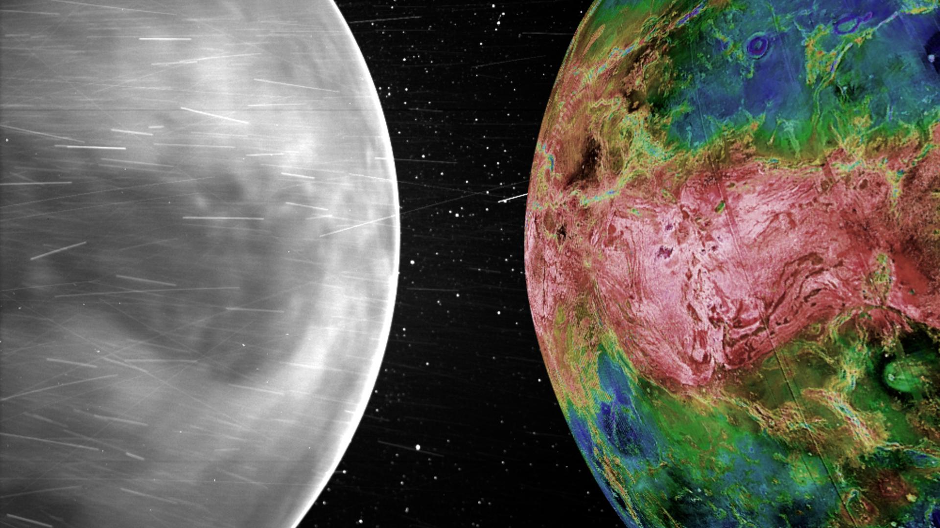 Zwei Bilder (gespiegelt) desselben Bereichs auf der Venus – links aufgenommen von der Parker Solar Probe, rechts Radardaten der Magellan-Sonde 