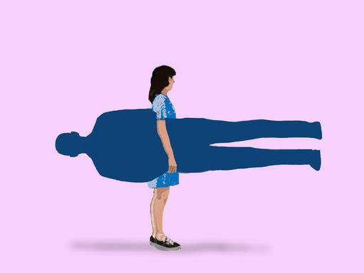 Illustration einer Frau, die die ausgeschnittene Form eines Mannes unter dem Arm trägt.