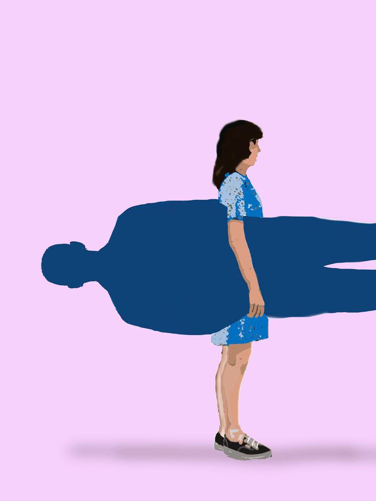 Illustration einer Frau, die die ausgeschnittene Form eines Mannes unter dem Arm trägt.