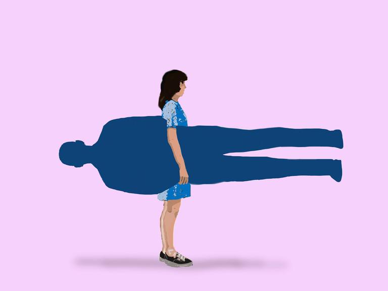 Illustration einer Frau, die die ausgeschnittene Form eines Mannes unter dem Arm trägt.