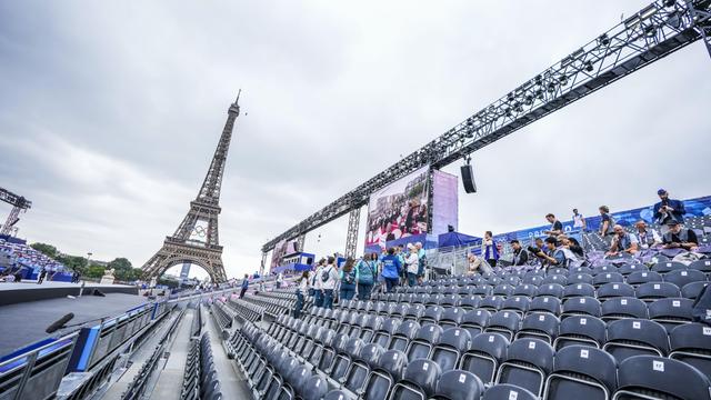 Tribüne vor der Eröffnungsfeier zu den Olympische Spielen 2024 in Paris