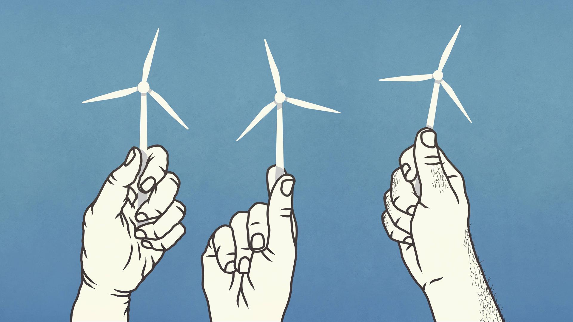 Illustration: Drei Hände halten kleine Windräder.