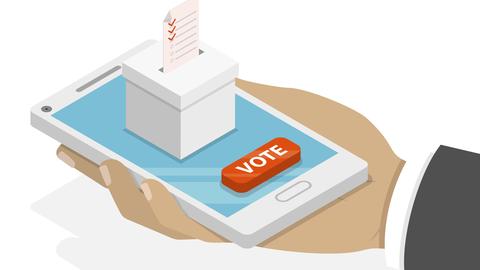 Eine Illustration: Eine Hand hält ein Mobiltelefon. Auf diesem ist eine Wahlurne und ein Knopf mit der Aufschrift "Vote".