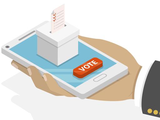 Eine Illustration: Eine Hand hält ein Mobiltelefon. Auf diesem ist eine Wahlurne und ein Knopf mit der Aufschrift "Vote".