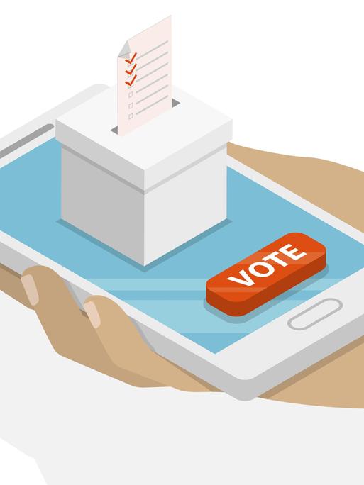 Eine Illustration: Eine Hand hält ein Mobiltelefon. Auf diesem ist eine Wahlurne und ein Knopf mit der Aufschrift "Vote".