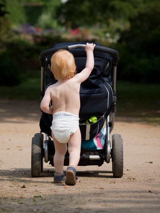 Ein Kleinkind mit Windel schiebt seinen Kinderwagen durch einen Park. Ein Kleinkind mit Windel schiebt seinen Kinderwagen durch einen Park.