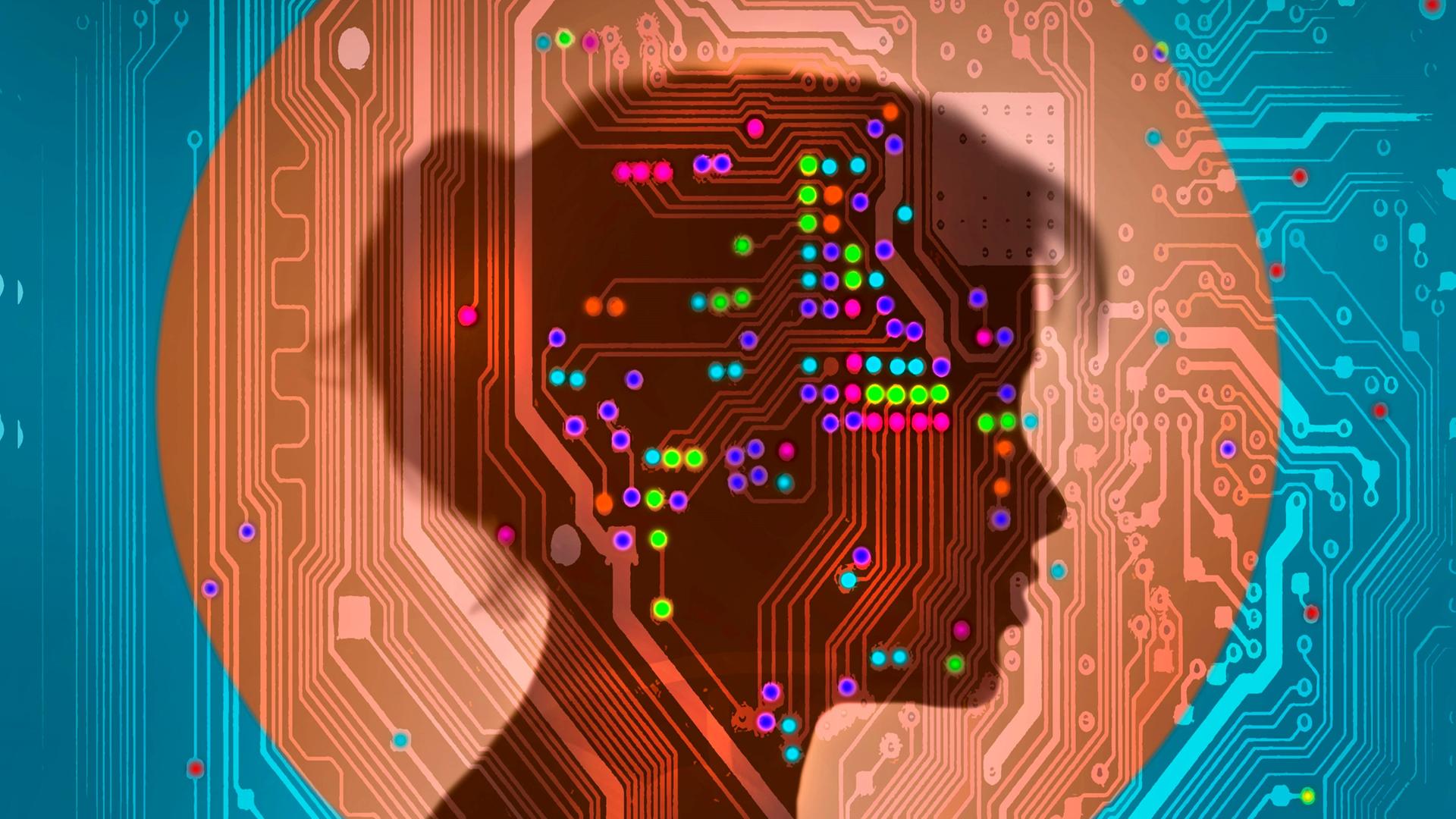 Illustration eines Frauenkopfs vor elektronischem Hintergrund. 