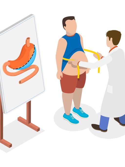 Auf einer lllustration misst ein Arzt in einem weißen Kittel den Bauchumfang eines fettleibigen Patienten. Daneben steht eine Tafel, auf der ein Bild eines Magens abgebildet ist. 