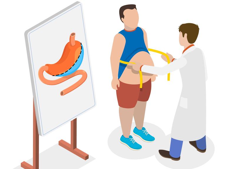 Auf einer lllustration misst ein Arzt in einem weißen Kittel den Bauchumfang eines fettleibigen Patienten. Daneben steht eine Tafel, auf der ein Bild eines Magens abgebildet ist. 