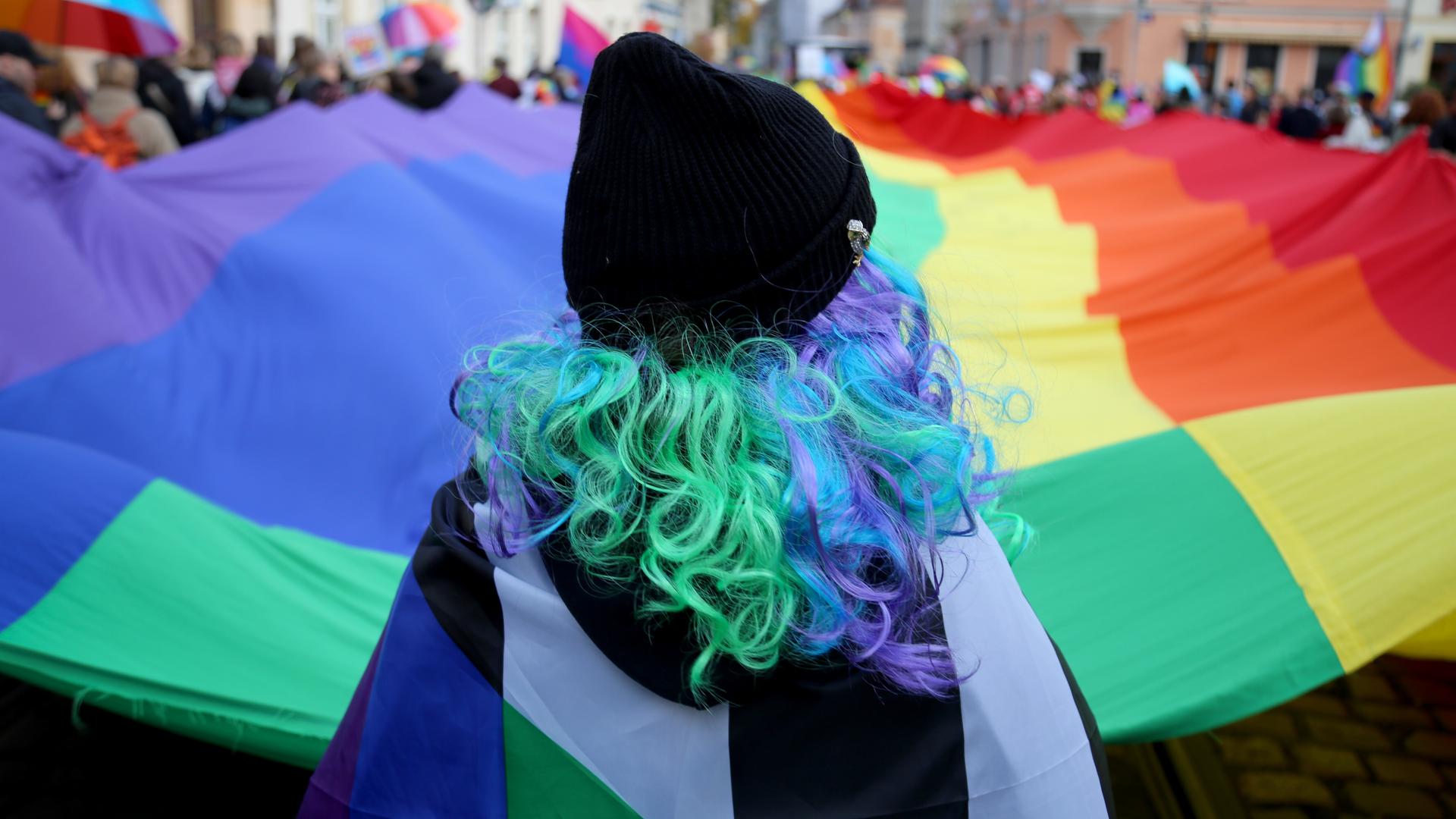 Teilnehmer schwenken eine überdimensionale Regenbogenflagge während des Christopher Street Day in Cottbus. Im Vordergrund ist eine Person mit grünen gelockten Haaren von hinten zu sehen.