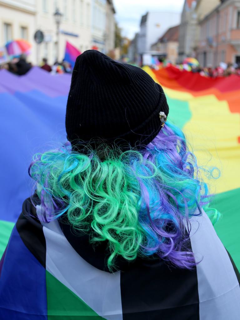 Teilnehmer schwenken eine überdimensionale Regenbogenflagge während des Christopher Street Day in Cottbus. Im Vordergrund ist eine Person mit grünen gelockten Haaren von hinten zu sehen.