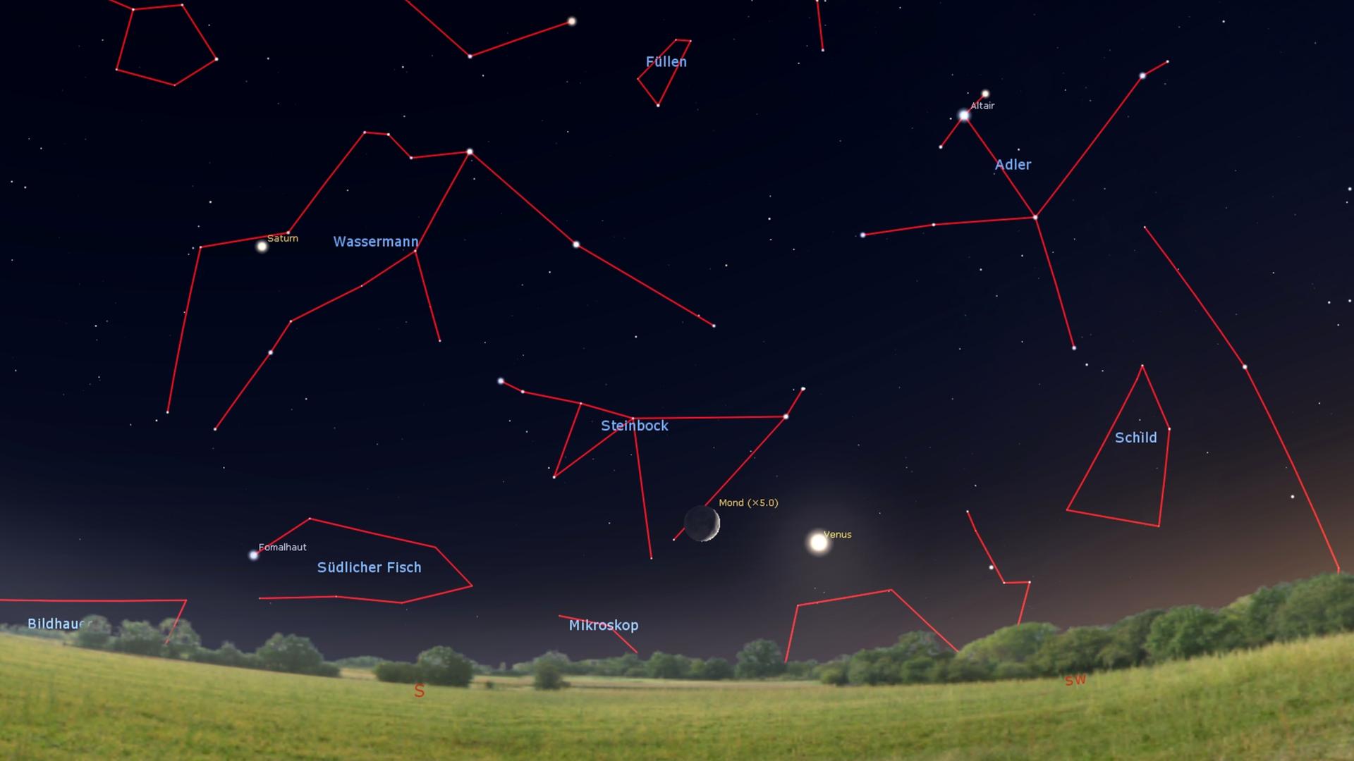 Eine digitale Zeichnung von Sternenbildern: Nach Sonnenuntergang stehen die Mondsichel (hier fünffach vergrößert dargestellt) und unser Nachbarplanet Venus Seite an Seite. Ein Stück links oberhalb leuchtet der Ringplanet Saturn. 