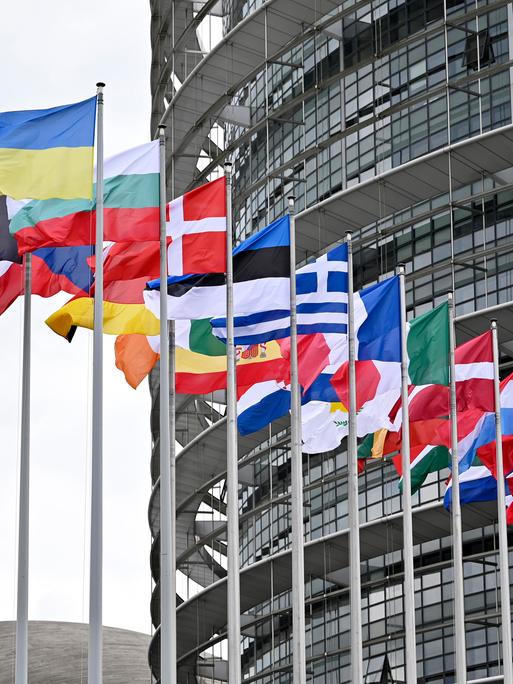 Flaggen der EU-Staaten und der Ukraine sowie die EU-Flagge wehen vor dem EU-Parlament in Straßburg.