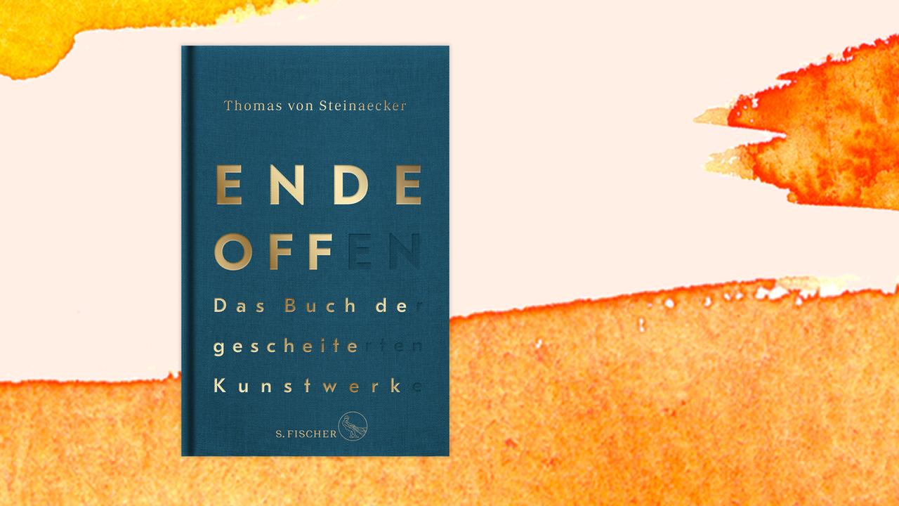 Das motivlose Cover der Buches vom Thomas von Steinaecker, "Ende offen", auf orange-weißem Hintergrund. Das Buch ist auf der Sachbuchbestenliste von Deutschlandradio, ZDF und Die "Zeit"