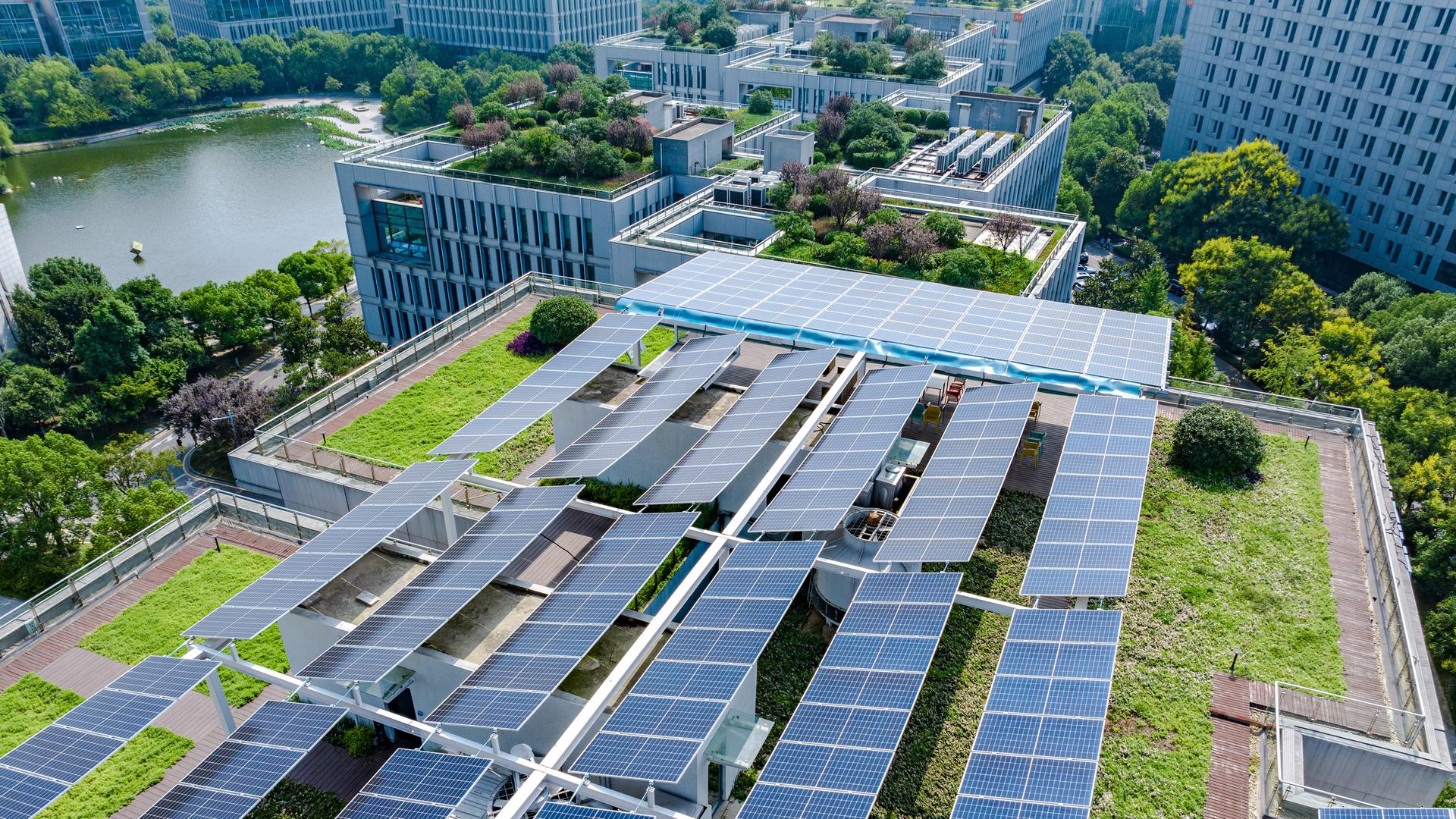 Auf einem städtischen Gebäude befinden sich Solarzellen und viel Grün.