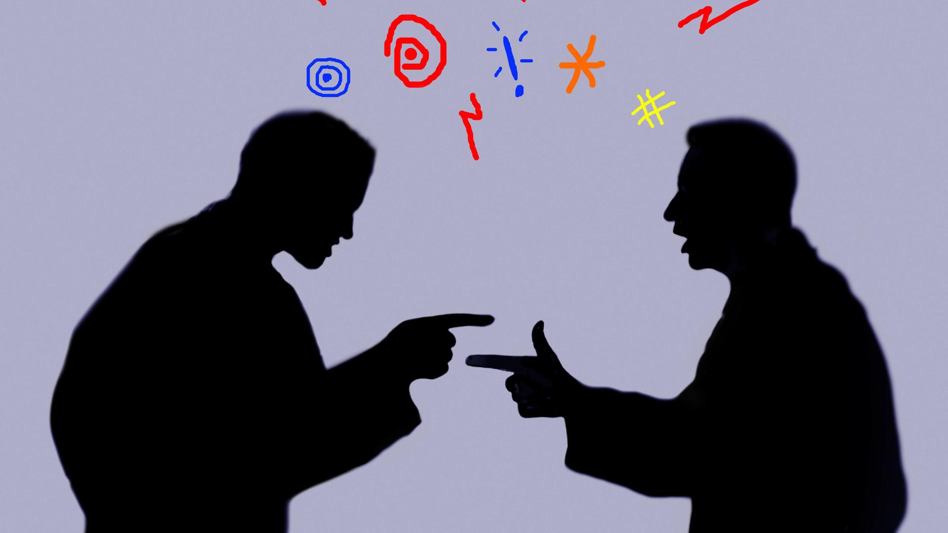 Illustration zweier Männer, die sich gegenüberstehen und streiten. Beide zeigen mit dem Finger auf den jeweils anderen.