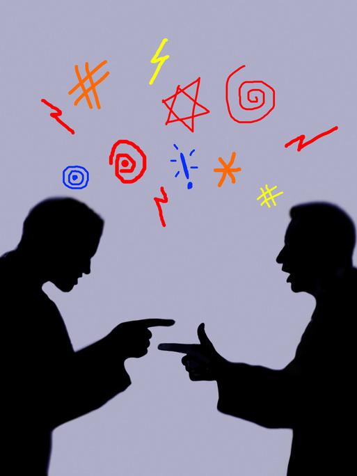 Illustration zweier Männer, die sich gegenüberstehen und streiten. Beide zeigen mit dem Finger auf den jeweils anderen.