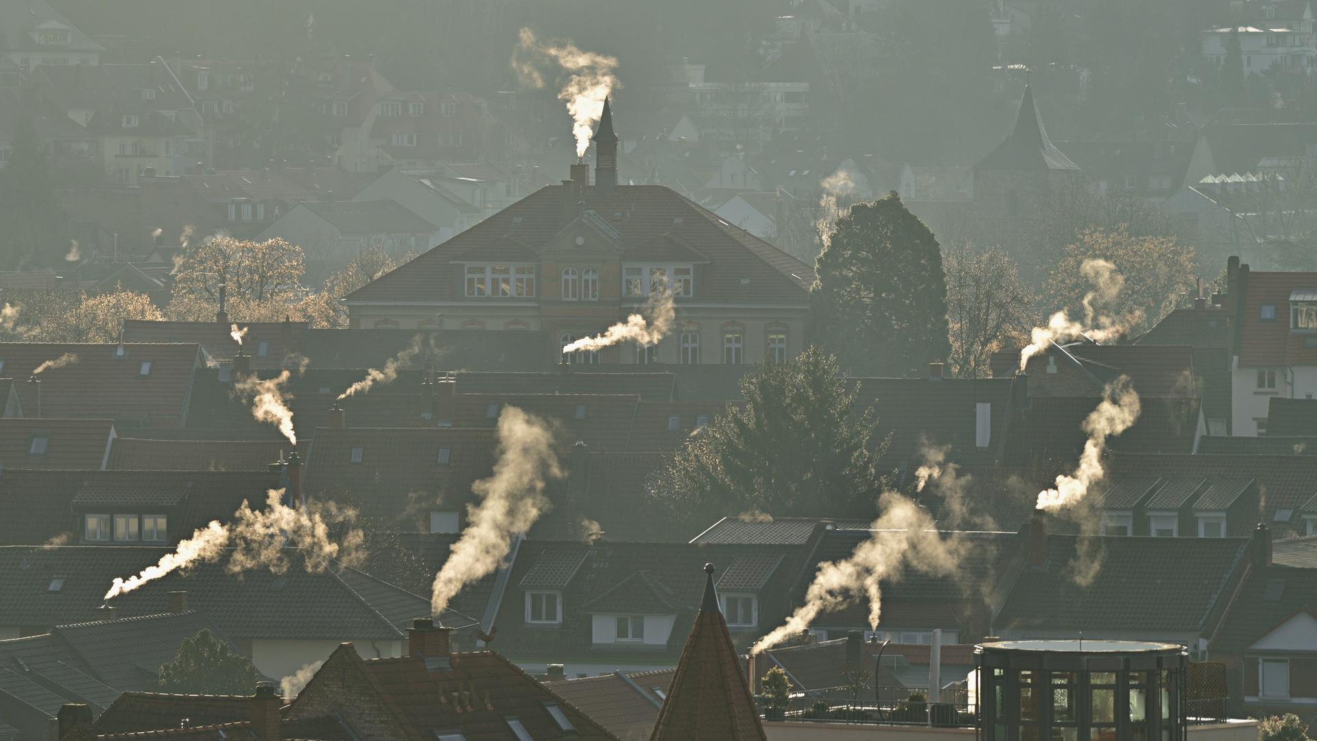 Dampfende Kamine bei Heidelberger Wohnhäuser im Winter.