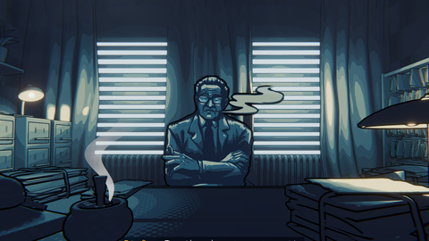 Screenshot aus dem Adventure Game "The Darkest Files". Generalstaatsanwalt Fritz Bauer sitzt am Schreibtisch.