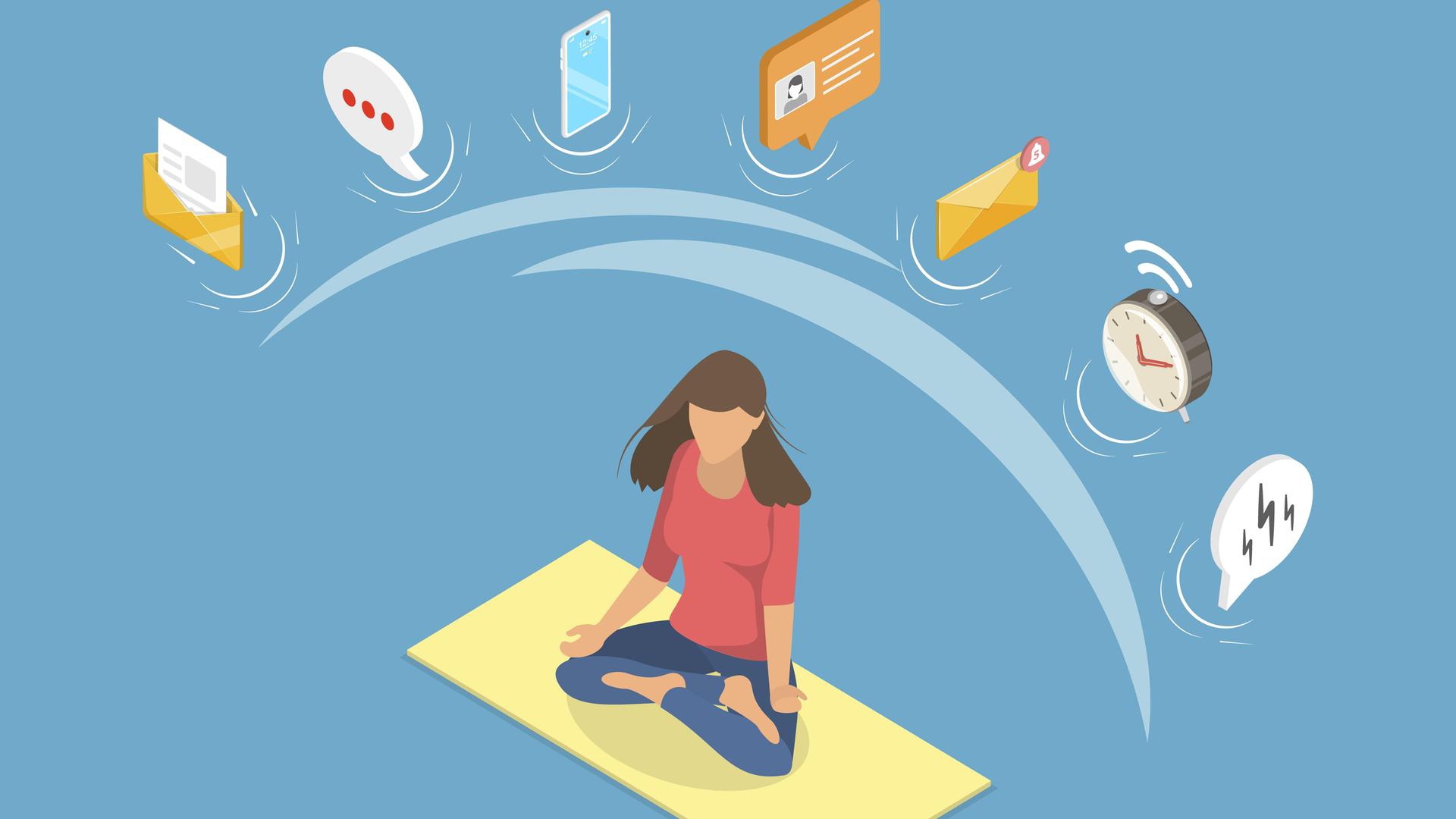 Illustration: Eine Frau sitzt im Schneidersitz auf einer Yoga-Matte und um sie herum sind kreisförmig digitale Geräte Illustration: Eine Frau sitzt im Schneidersitz auf einer Yoga-Matte und um sie herum sind kreisförmig digitale Geräte