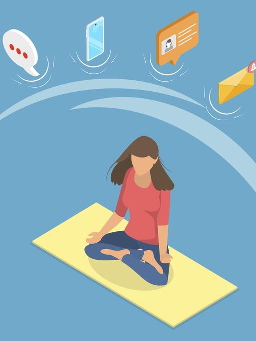Illustration: Eine Frau sitzt im Schneidersitz auf einer Yoga-Matte und um sie herum sind kreisförmig digitale Geräte 