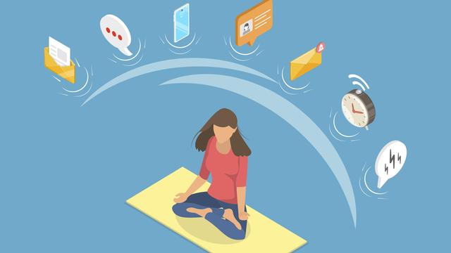 Illustration: Eine Frau sitzt im Schneidersitz auf einer Yoga-Matte und um sie herum sind kreisförmig digitale Geräte 